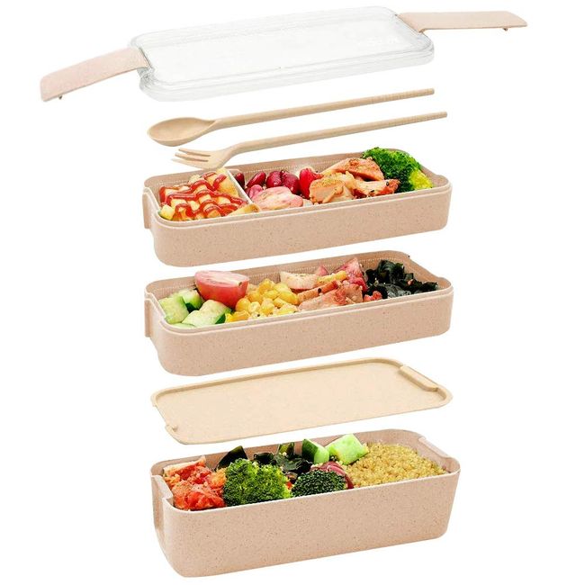 Iteryn Bento Adults Lunch Box, Stackable, 3-In-1 Compartment - Wheat Straw,  Leakproof Eco-Friendly Meal Prep Containers
