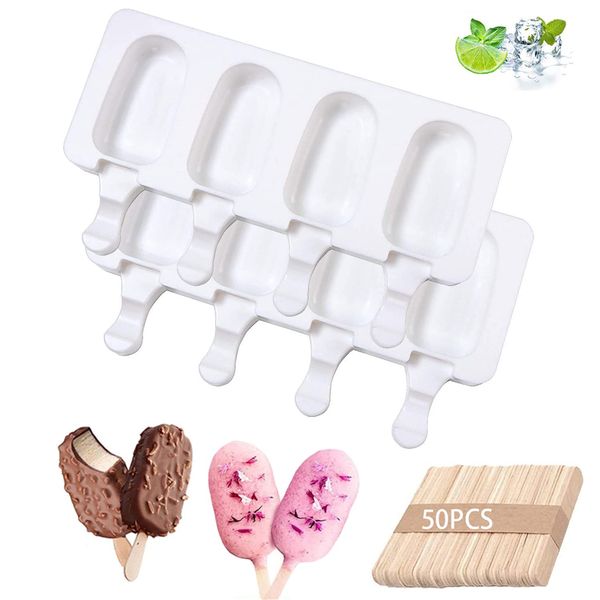 Ice Lolly Moulds with Sticks,Ice Popsicle Moulds Silicone,2pcs Cakesicle Moulds+50 Lollipop Sticks,Food Grade Bpa Free Ice Cream Moulds Silicone for Kids Adults Dessert Chocolate DIY