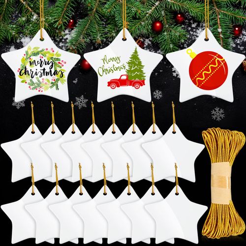 15 Pieces Sublimation Ceramic Ornament Blanks Bulk Pentacle Porcelain Pendants Ceramic Ornament for Christmas Tree DIY Personalized Disc Crafts Decoration