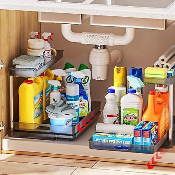 Delamu 2 Pack Under Sink Organizer, 11.38" Width Pull Out Transparent Gray