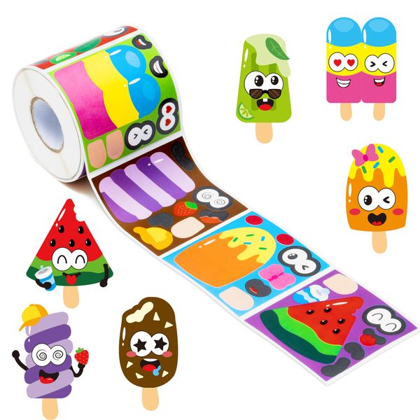 ANGOLIO 300PCS Summer Back to School Ice Cream Making Face Sticker Scene Roll Making Own DIY Watermelon Chocolate Sticker Mixing Ice Cream Party Sticker Game Children's Birthday Arts Crafts Supplies