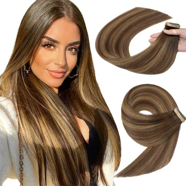 YDDM Tape In Extensions Echthaar 20pcs 50cm 50g Schokoladenbraun mit Karamellblond Invisible Tape Extensions Echthaar Extensions Tape Extensions Echthaar Haarverlängerung(20Zoll,4/4/27#)