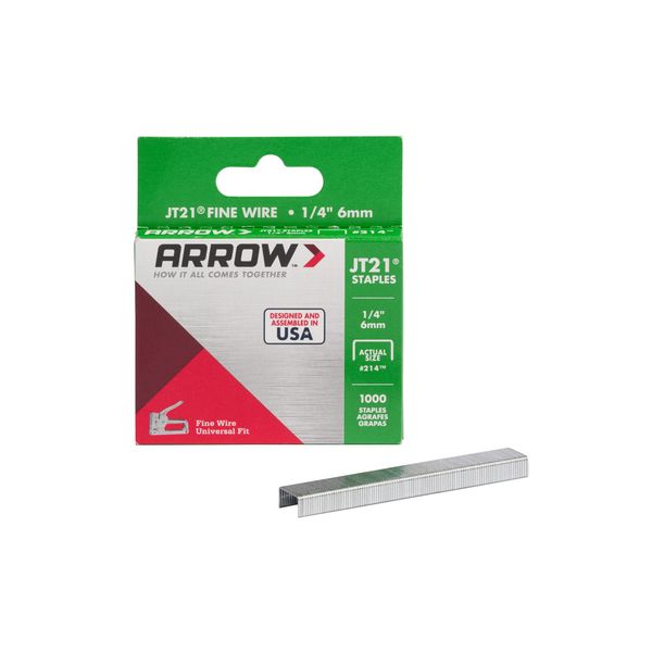 Arrow 214 JT21 Thin Wire Staples for Staple Guns and Staplers, Use for Upholstery, Crafts, General Repairs, 1/4-Inch Leg Length, 7/16-Inch Crown Width, 1000-Pack