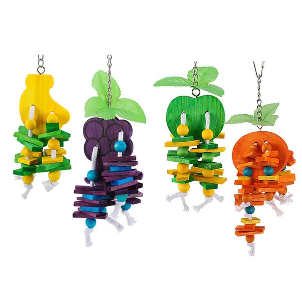 Hamiledyi Natural Wood Block Bird Cage Toys Parrot Chewing Toy Orange&Apple& Banana&Grapes Shaped Hanging Foraging Toy for Small&Medium Birds Parakeets Cockatiels,4pcs