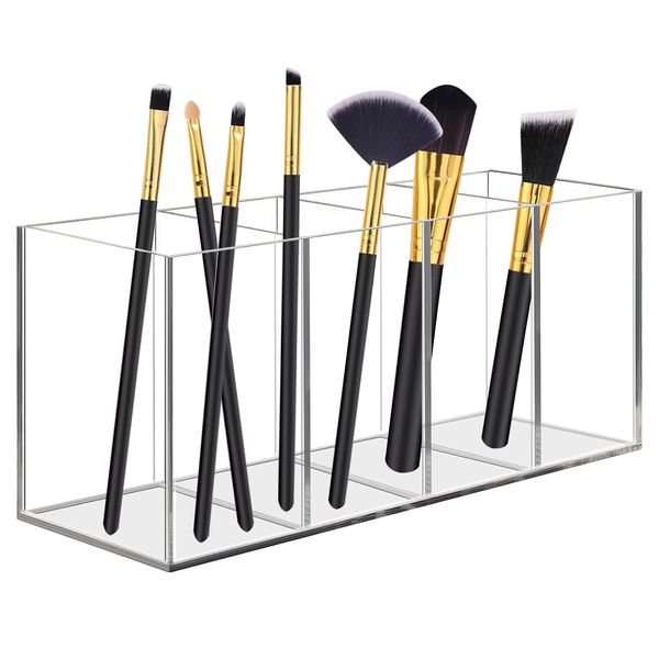 DRERIO Make up Brush Organiser Holder with 4 Compartments, Clear Acrylic Pen Holder Organizer Cosmetic Holder Case Makeup Stationery Storage Holder for Desk, Bathroom, Office etc