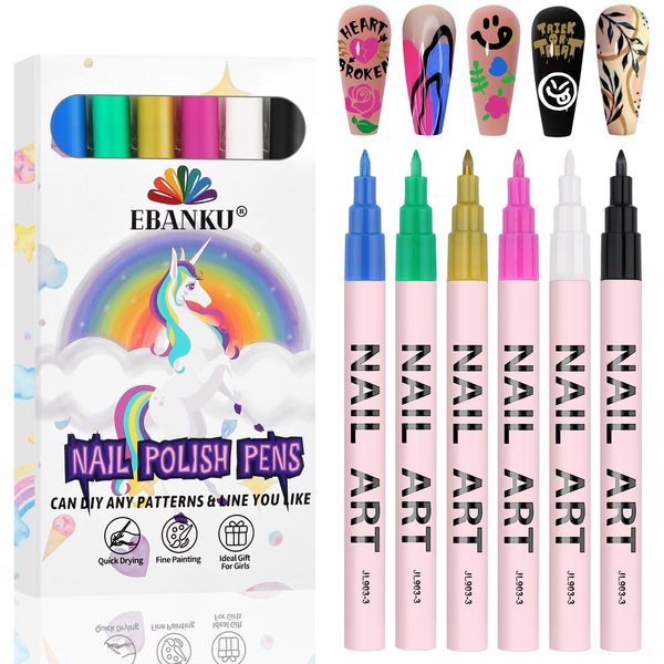 EBANKU Water-Based Acrylic Ink Nail Art Pens Set, 6 Colors 0.7mm Nail Polish Pens Quick Drying Nail Art Acrylic Color Pen Dotting Pen