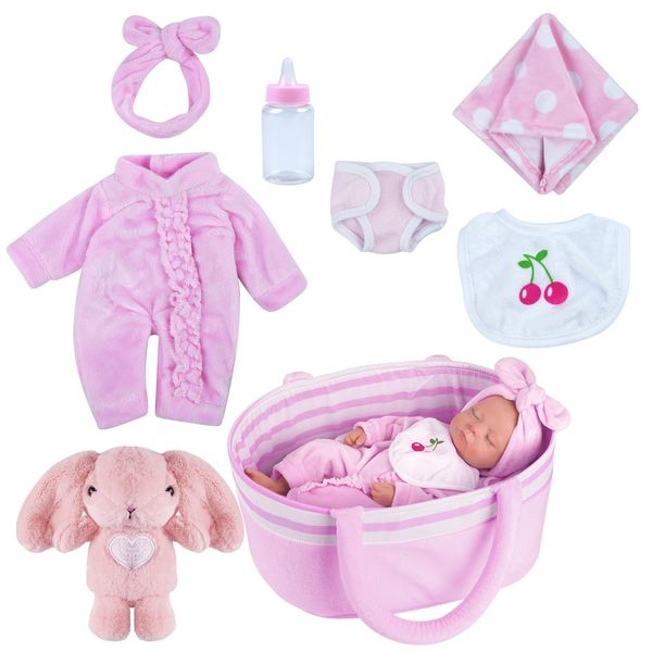 JIZHI 8 Pcs Reborn Baby Doll Clothes with Bassinet for 10-12 inch Baby Dolls, Reborn Doll Clothes Doll Accessories fit Newborn Baby Doll Girl, Pink