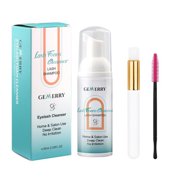 GEMERRY Eyelash Shampoo Eyelash Extension Foam Cleanser 60ml Professional Wash Eyelash with Cleaning Brush Safe Remove Makeup Residue and Mascara For Daily Use