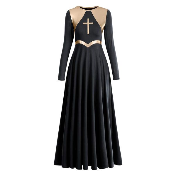 Women Metallic Cross Liturgical Praise Dance Dress Lyrical Dancewear Color Block Full Length Robe Elegant Dress Loose Fit Epiphany Swing Tunic Circle Skirt Worship Costume Black + Gold Cross XS