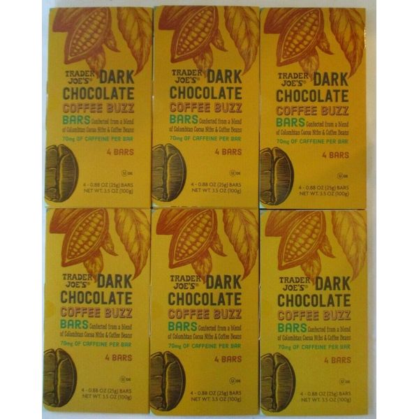 6 TRADER JOE'S DARK CHOCOLATE  COFFEE BUZZ 4 BARS 3.5-OZ PACKS