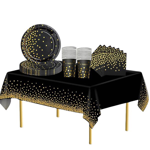 53PCS Black and Golden Dot Party Tableware Decorations for Birthday,Disposable Party Tableware Set Dot Birthday Table Cloth Paper Plates 7inch,Cups,Napkins,for Birthday Wedding Party Dinnerware