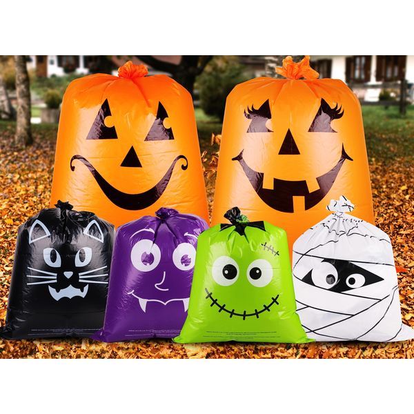 POPGIFTU 12 PCS Halloween Lawn Leaf Bags Pumpkin Lawn Bags, with 6 Halloween Pattern Designs, Plastic Outdoor Fall Leaf Trash Bag for Fall Decorations Outdoor Yard Lawn Halloween Decorations