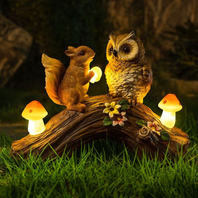 WONDHOME Garden Owl Statues Outdoor Decor Resin Owl Squirrel Figurine with Solar Mushroom Lights for Patio Lawn Yard Decorations Christmas Housewarming Gifts for Women Mom