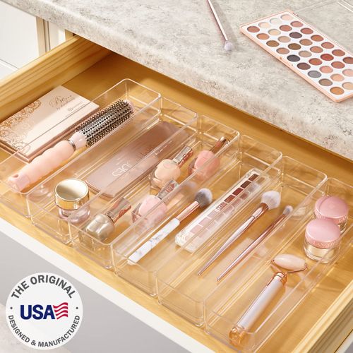 STORi SimpleSort 6-Piece Stackable Clear Drawer Organizer Set | 12" x 3" x 2" Rectangle Trays | Narrow Makeup Vanity Storage Bins and Office Desk Drawer Dividers | Made in USA