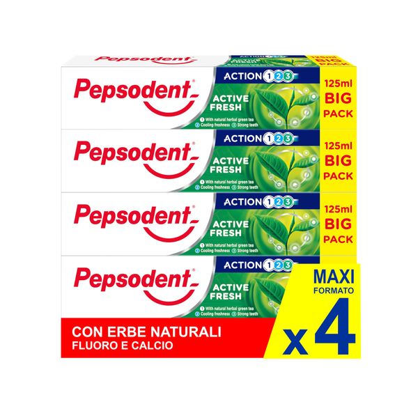 Pepsodent dentifricio 125 ml Active Fresh | Con erbe naturali e green Tea | BIG PACK (pacco da 4x125ml)