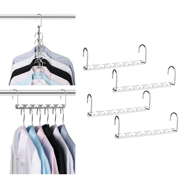 4Pcs Magic Space Saving Hangers, Stainless Steel Hanger Hooks, Heavy Cascading Hangers with 6 Holes for Heavy Clothes, Closet Organizers and Storage for Closet Hangers, Coat Trouser