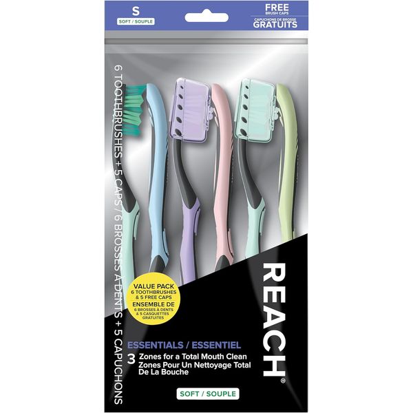 Essentials Toothbrush with Toothbrush Caps, Multi-Zoned Angled Soft Bristles, Co