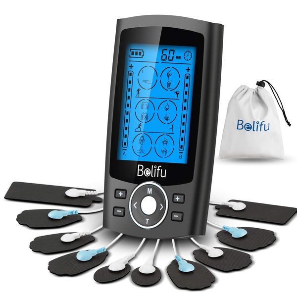 Belifu Dual Channel TENS EMS Unit 24 Modes Muscle Stimulator for Pain Relief Therapy, Electronic Pulse Massager Muscle Massager with 10 Pads, Dust-Proof Drawstring Storage Bag，Fastening Cable Ties…