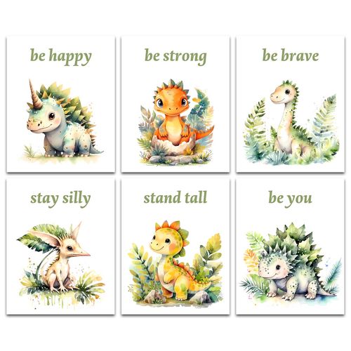 ZOIYINO Baby Dinosaur Nursery Wall Art Prints,Dinosaur Wall Art Kids Boys Room Canvas Wall Decor,Dino Nursery Wall Art Pictures for Boys Bedroom Bathroom Decorations Set of 6(8"x10"Unframed)