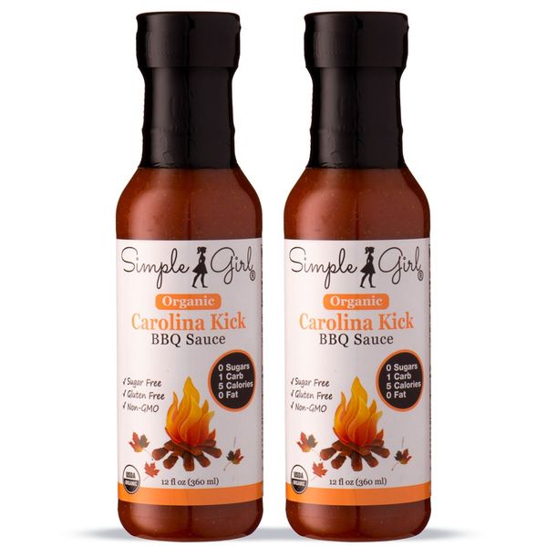 Simple Girl Organic Carolina Kick BBQ Sauce - 12oz - 2 Bottles - Low Calorie - Sugar-Free Diabetic/Vegan Friendly - Gluten/Fat/MSG Free - Vinegar Based - Compatible with Most Diet Plans