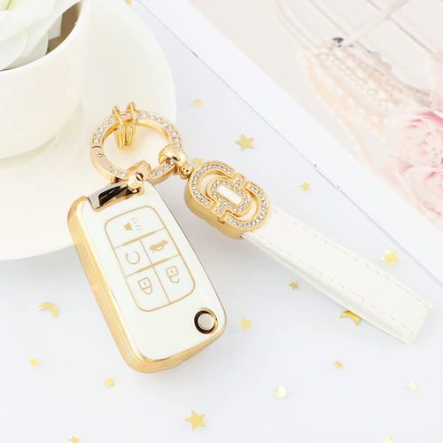 CARFIB Fit for Chevy Key Fob Cover 5 Button Soft TPU Key Fob Case with Shiny Key Chain Compatible with Camaro Cruze Equinox Impala Malibu Sonic Cute Girly Key Case Gold