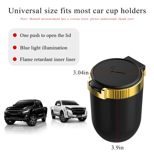 Ohleats Car Ashtray with Lid, Detachable Stainless Steel Ash Tray with LED Blue Light, Portable Mini Vehicle Cup Holder Trash Can Smell Proof Ashtray Cup, Universal Car Accessories (Golden)