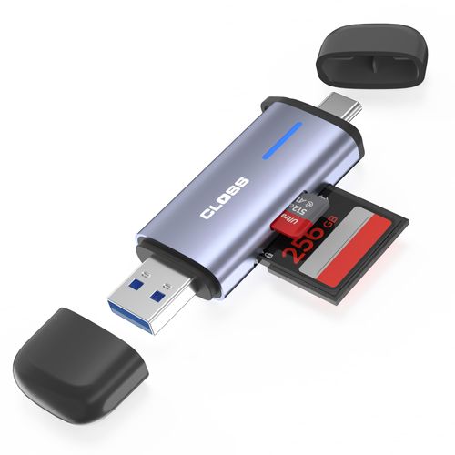 CLOSS USB 3.0 SD Card Reader, 5Gbps 2-in-1 Type-C & USB-A Dual Slot Memory Card Reader for SD/Micro SD/SDHC/SDXC/MMC/UHS-I, Compatible with iPhone 16/15, MacBook, iPad, Android, PC, Laptop, Camera