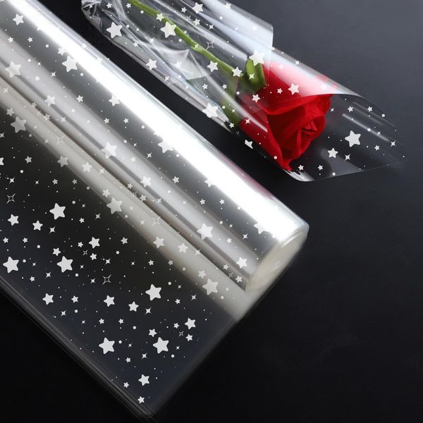 GWHOLE Clear Cellophane Wrap Roll, 23.6 in x 65 ft Star Pattern Cellophane Wrap Clear Wrapping Paper for Gift Baskets Flowers Treats Wine