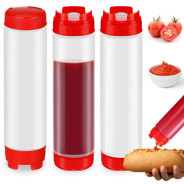 3 Pcs 16 oz Inverted Plastic Squeeze Bottles, Refillable Tip Large Valve Dispenser Condiment Squeeze Bottle for Sauces Ketchup Sour Cream Self Sealing Syrup Dispenser for Restaurants (Red, White)