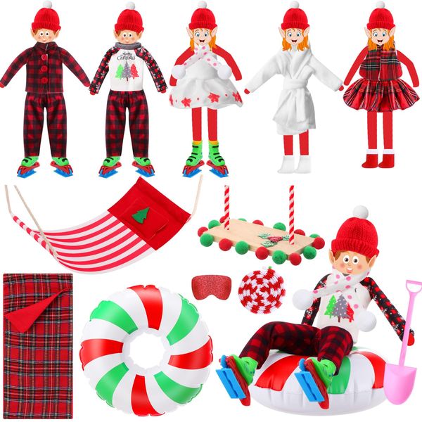 Cutecrop 15 Pcs Christmas Elf Doll Accessories Set Include Elf Costume Swing Spade Scarf Glasses Skating Shoes Socks Hammock Red Hat PVC Swim Ring for Xmas Elf Dolls (Classic)