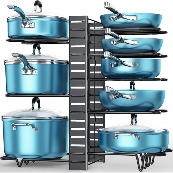 8 Tier Pot and Pan Organizer Rack for Cabinet with 3 DIY Methods, Adjustable ...