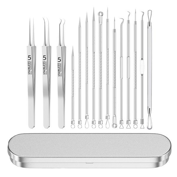 MOLHEM Blackhead Removal Tool Set, 15 PCS Professional Stainless Steel Acne Ejector for Removing Pimples, Blackheads and Zits from Face - Acne Removal Kit with Metal Case (Silver)