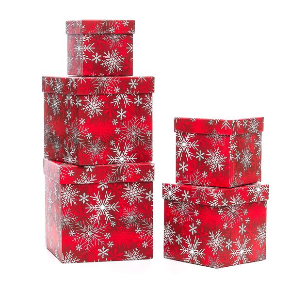 UNIQOOO 5PCS Christmas Nesting Gift Boxes with Lid, Xmas Nested Box Set, 5 Sizes, Square Stackable, Red White Snowflake Candy Cane Paper Box Tower Décor, for Holiday Thanksgiving New Year Packaging