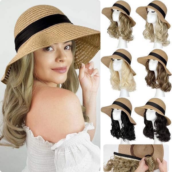 Qlenkay Straw Sun Hat with 10in Synthetic Hair Extension Short Wavy Curly Wig Wide Brim Women Adjustable Cap Detachable Hairpiece for Summer Travel Ash Blonde