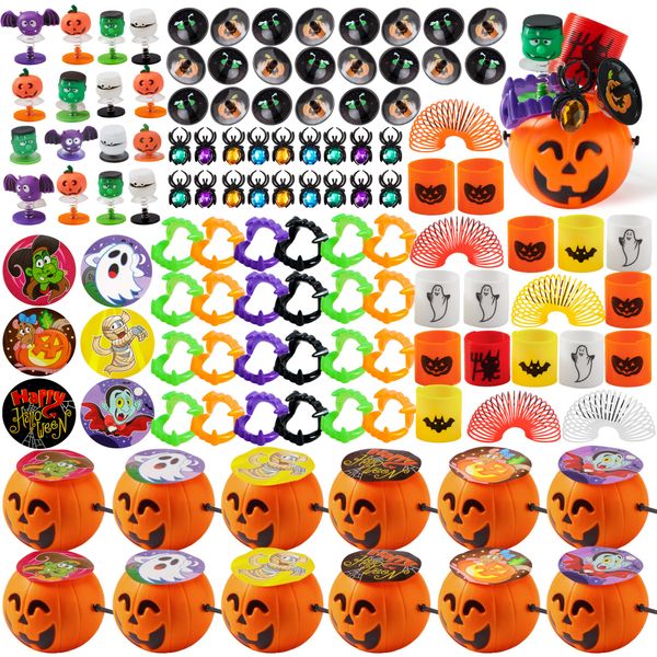 JOYIN 144 Pcs Halloween Toy Gifts for Kids, 24 Packs Prefilled Mini Pumpkin Buckets with Spider Rings, Poppers, Spring, Vampire Teeth and Spinning Tops for Kids Halloween Party Favors Trick or Treat