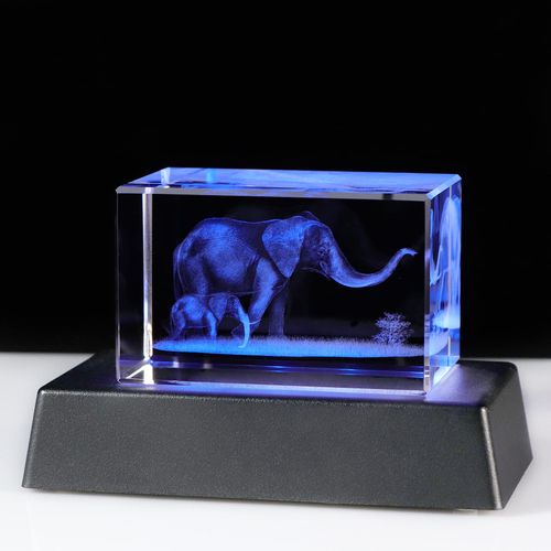 3D Crystal Gift Engraved Elephants Mother and Baby Glass Paperweight with LED Stand Birthday Gifts for Mum Daught Son Family Ornaments