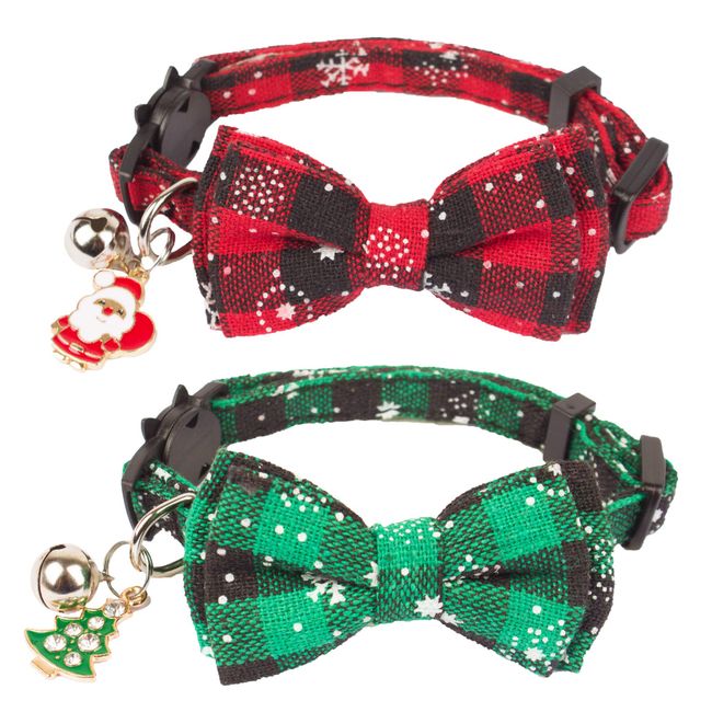 ADOGGYGO Christmas Cat Collar Breakaway with Cute Bow Tie Bell - 2 Pack Kitten Collar Red Green Plaid Pattern Xmas Kitten Collar with Removable Bowtie Cat Bow tie Collar for Kitten Cat (Red&Green-1)