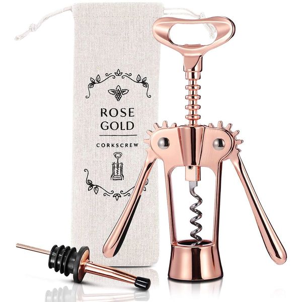 Wine Bottle Opener Wing Corkscrew, Godmorn Rose Gold Beer Bottle Opener with Wine Pourer, Cute Stainless Steel Winged Corkscrew, Pink Cork Screw Wine Accessories For Kitchen Bars Mothers Day Gift