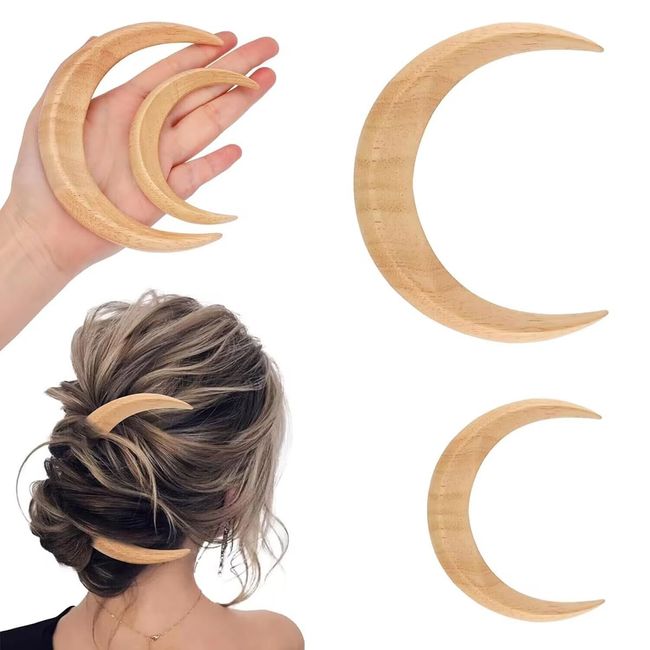 Hsthe Sea 2 Stück Mond Haargabel Handgeschnitzte Haarspange Dünne Lange Mond Haarschmuck Holz Mond Haarspangen Leichtes Haarstyling-Werkzeug