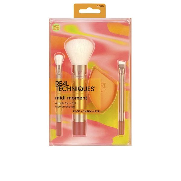 Real Techniques Midi Moment Brush + Sponge Kit, Makeup Sponge & Makeup Brushes For A Full Face, For Liquid & Powder Products, Travel Size Brushes, 4 Piece Set