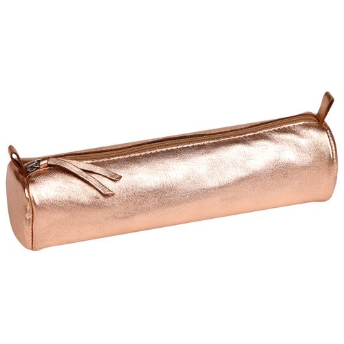 Clairefontaine - Ref 8687C - Metallic Leather Round Pencil Case - 5.5 x 5.5 x 22cm, Genuine Soft Lamb Leather Outer & Suede Interior, Metal Zipper - Copper