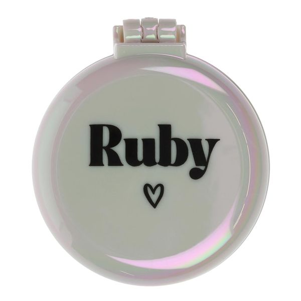 Ruby - Girls Pearlescent White Compact Folding Pop Out Hairbrush With Mirror, Personalised With A Ruby Decal