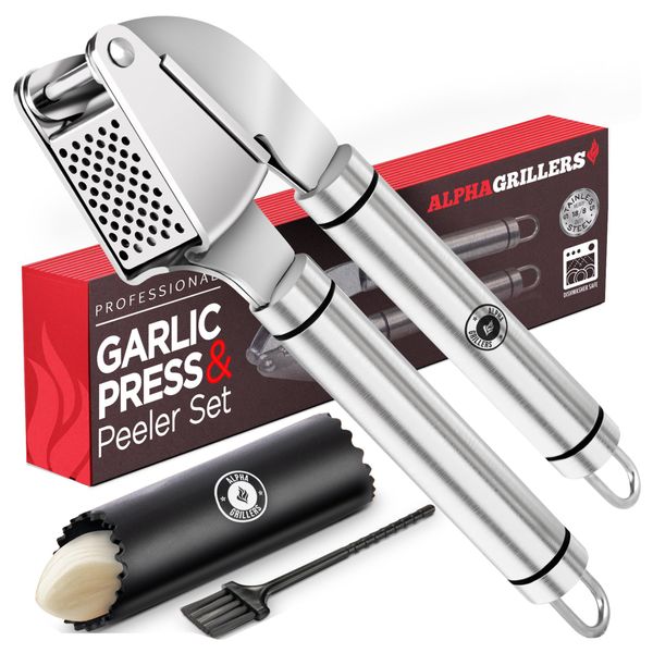 Professional Garlic Crusher - Dishwasher Safe Garlic Press Stainless Steel - Garlic Mincer with Silicone Garlic Peeler - Kitchen Essentials for New Home Cooking