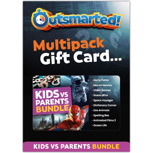 Outsmarted - The Live Quiz Show - Multipack Gift Card Board Game - Questions Bundle Board Games Kids vs Adults - Over 1200 Questions, Live TV Quiz Show, Family Game Night - Ages 8+