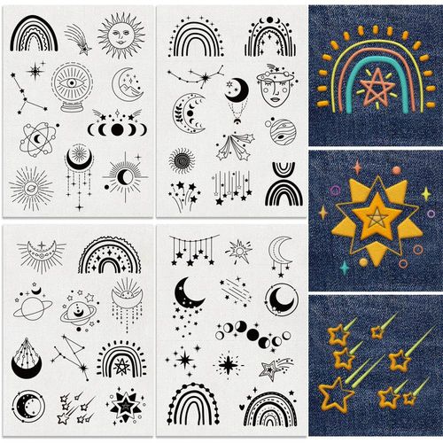 DOODLREAM 47Pcs Sun Stars Moon 4 Sheets Water Soluble Embroidery Pattern Stabilizers, Stick and Stitch Embroidery Stickers, Hand Sewing DIY Sun Stars Moon Embroidery Papers