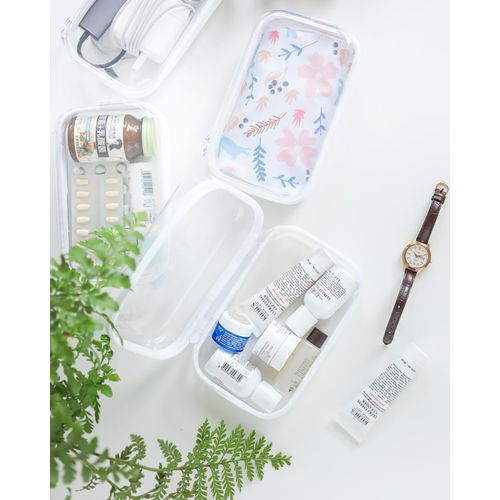 Zippered Pouch Hard, Clear Zippered Hard Pouch, Stackable Storage Bins, Portable Clear Bin Zipper (White, Medium)