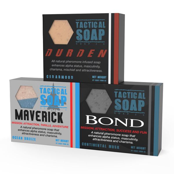 Tactical Soap All-Natural Men's Soap (3 bars) - Pheromone-Infused for Attraction, Exfoliating, Manly Bar Soap, 100% Natural, Made in the USA