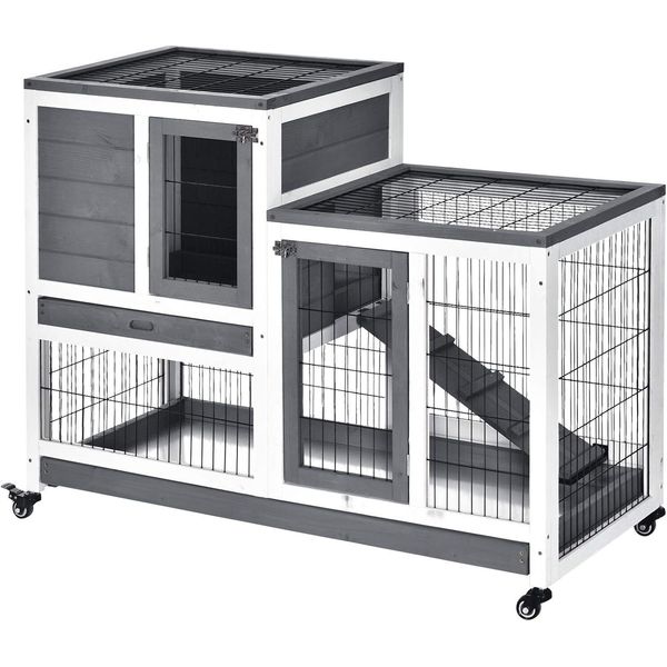 PawHut Wooden Rabbit Hutch Elevated Bunny Cage Indoor Small Animal Habitat