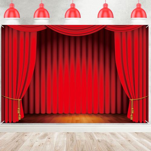 Theatre Show Backdrop Banner Theater Stage Red Curtain Backdrop Photography Background Stage Lights Drapes Decorations for Movie Night Dance Party Circus Photography Background Decor Favors