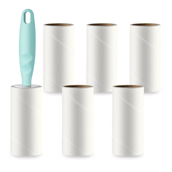 Fusselrolle Tierhaare 6 Rollen mit 1 Abroller, Fusselentferner Fusselbürste Tierhaare Fusselrolle Kleidung, Extra Klebrige Lint Roller für Haare, Katzenhaare, Hundehaare, Sofa, Kleidun, 360 Blatt